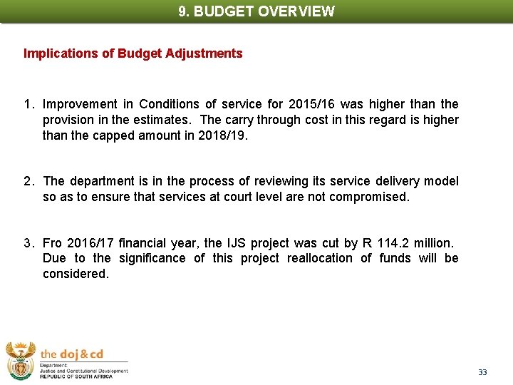 9. BUDGET OVERVIEW 1. INTRODUCTION Implications of Budget Adjustments 1. Improvement in Conditions of