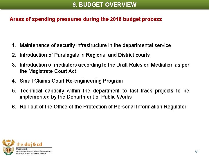 9. BUDGET OVERVIEW 1. INTRODUCTION Areas of spending pressures during the 2016 budget process