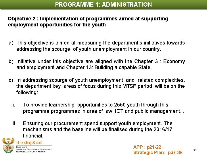 PROGRAMME 1: ADMINISTRATION 1. INTRODUCTION Objective 2 : Implementation of programmes aimed at supporting