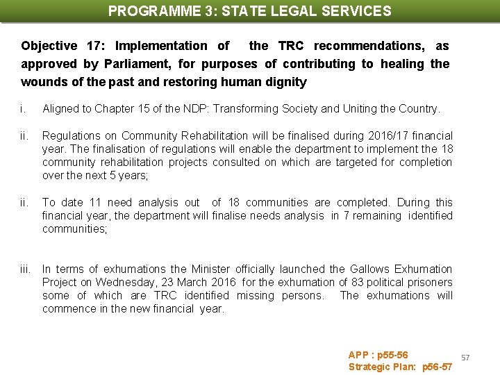 PROGRAMME 3: STATE LEGAL SERVICES PROGRAMME INDICATORS AND TARGETS Objective 17: Implementation of the