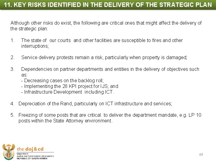 11. KEY RISKS IDENTIFIED IN THE DELIVERY OF THE STRATEGIC PLAN PROGRAMME INDICATORS AND