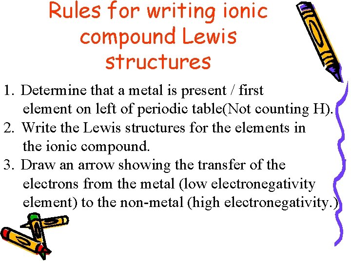 Rules for writing ionic compound Lewis structures 1. Determine that a metal is present