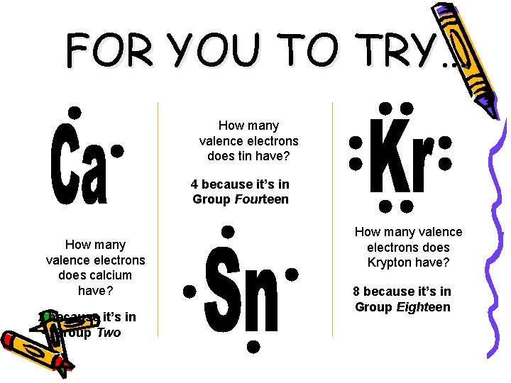 FOR YOU TO TRY… How many valence electrons does tin have? 4 because it’s