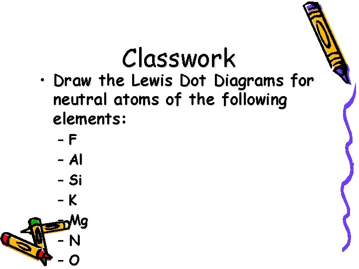 Classwork • Draw the Lewis Dot Diagrams for neutral atoms of the following elements: