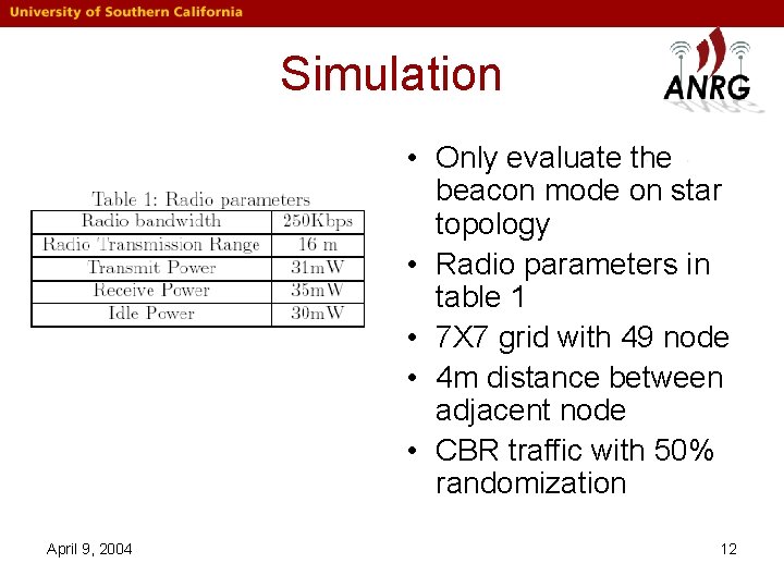 Simulation • Only evaluate the beacon mode on star topology • Radio parameters in