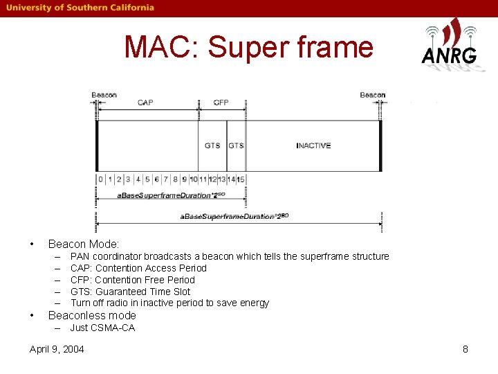 MAC: Super frame • Beacon Mode: – – – • PAN coordinator broadcasts a