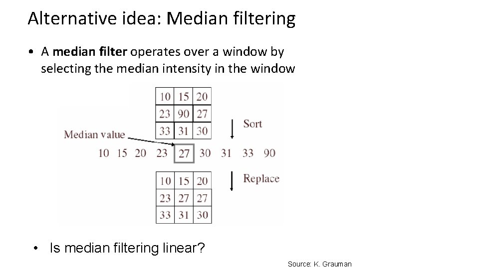 Alternative idea: Median filtering • A median filter operates over a window by selecting