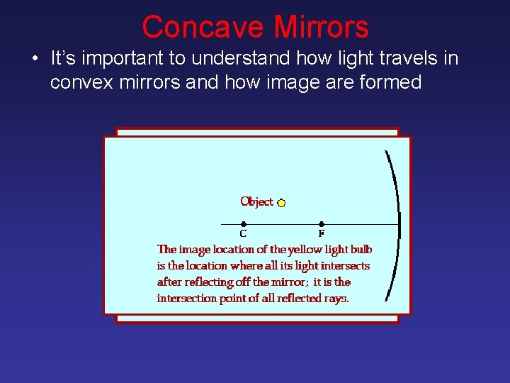 Concave Mirrors • It’s important to understand how light travels in convex mirrors and