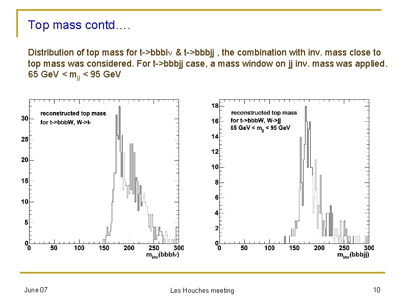 Top mass contd…. Distribution of top mass for t->bbbln & t->bbbjj , the combination
