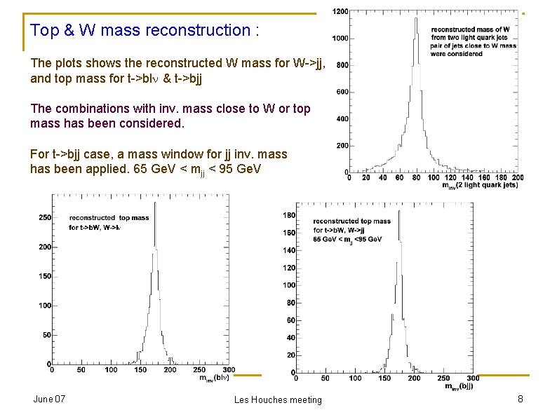 Top & W mass reconstruction : The plots shows the reconstructed W mass for