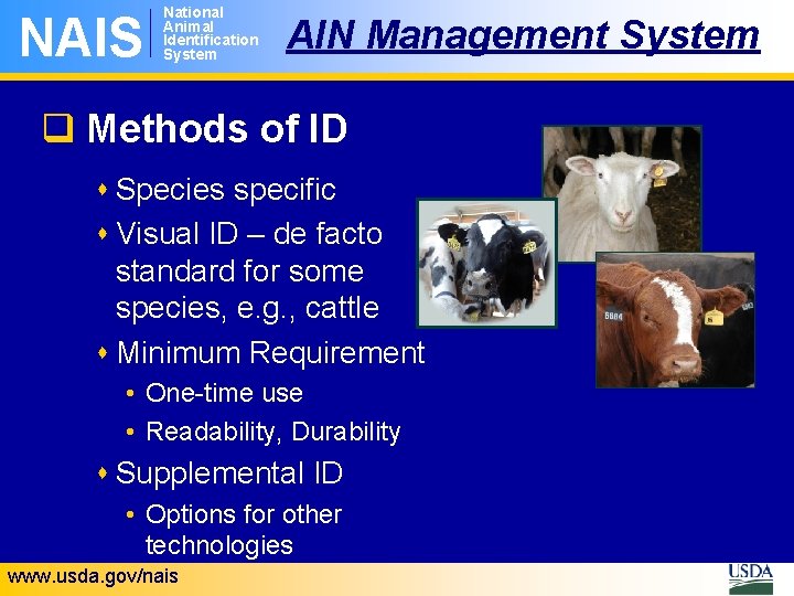 NAIS National Animal Identification System AIN Management System q Methods of ID s Species
