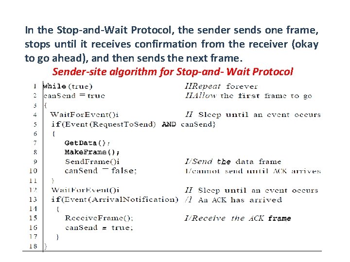 In the Stop-and-Wait Protocol, the sender sends one frame, stops until it receives confirmation