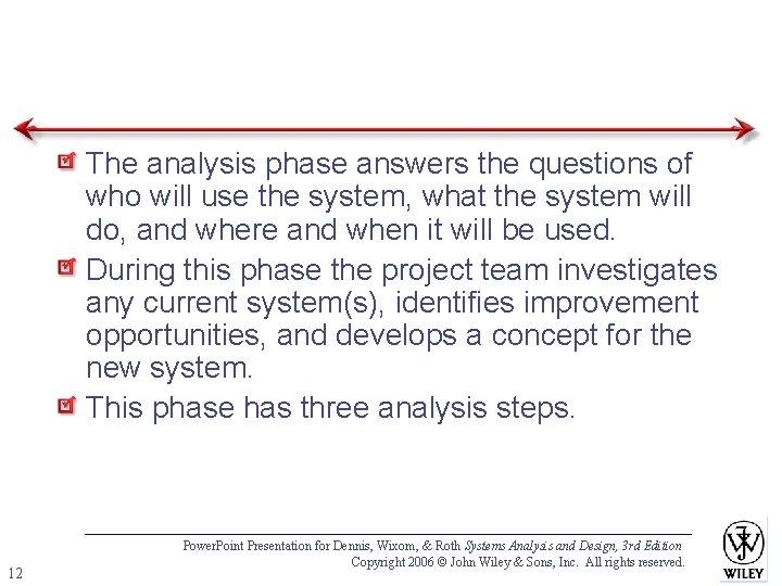 The analysis phase answers the questions of who will use the system, what the