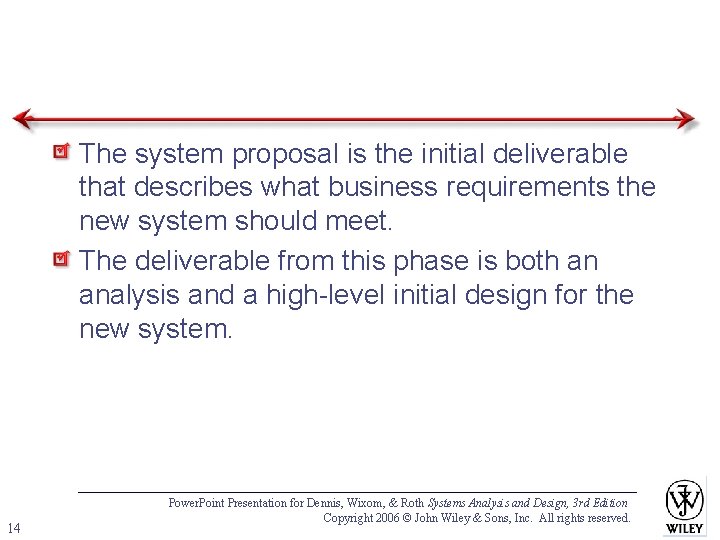 The system proposal is the initial deliverable that describes what business requirements the new