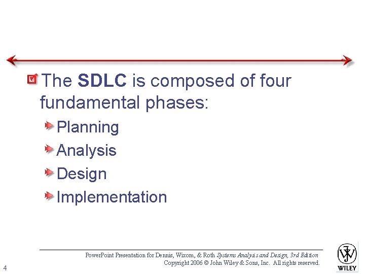 The SDLC is composed of four fundamental phases: Planning Analysis Design Implementation 4 Power.