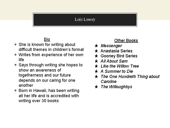 Lois Lowry ◉ ◉ Bio She is known for writing about difficult themes in