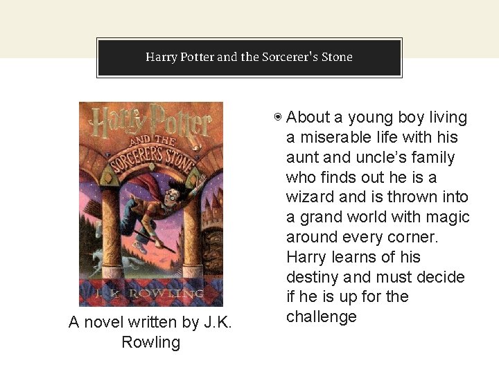 Harry Potter and the Sorcerer's Stone A novel written by J. K. Rowling ◉