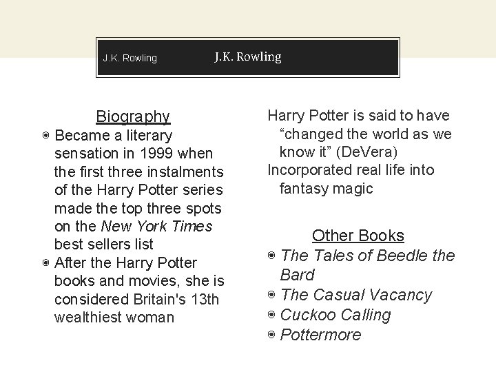 J. K. Rowling Biography ◉ Became a literary sensation in 1999 when the first