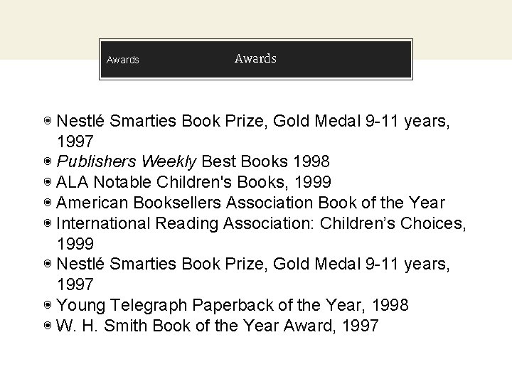 Awards ◉ Nestlé Smarties Book Prize, Gold Medal 9 -11 years, 1997 ◉ Publishers