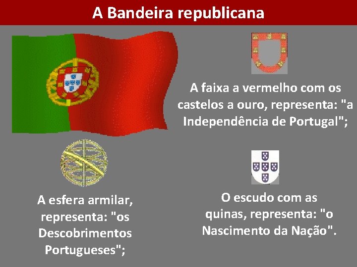 A Bandeira republicana A faixa a vermelho com os castelos a ouro, representa: "a