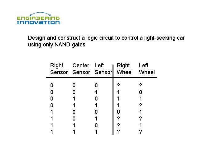 Design and construct a logic circuit to control a light-seeking car using only NAND