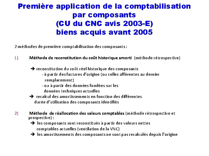 Première application de la comptabilisation par composants (CU du CNC avis 2003 -E) biens