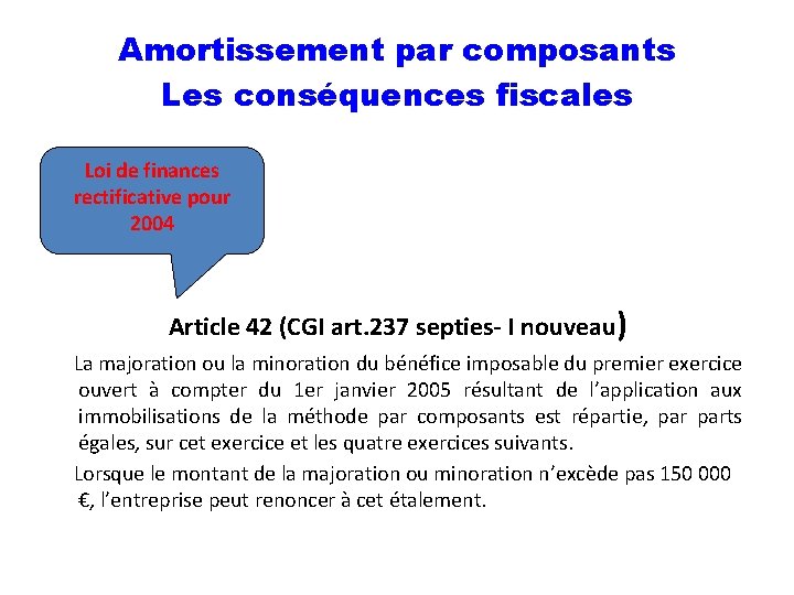 Amortissement par composants Les conséquences fiscales Loi de finances rectificative pour 2004 Article 42