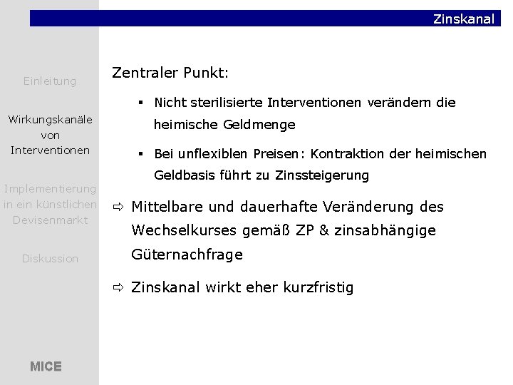 Zinskanal Einleitung Zentraler Punkt: § Nicht sterilisierte Interventionen verändern die Wirkungskanäle von Interventionen Implementierung