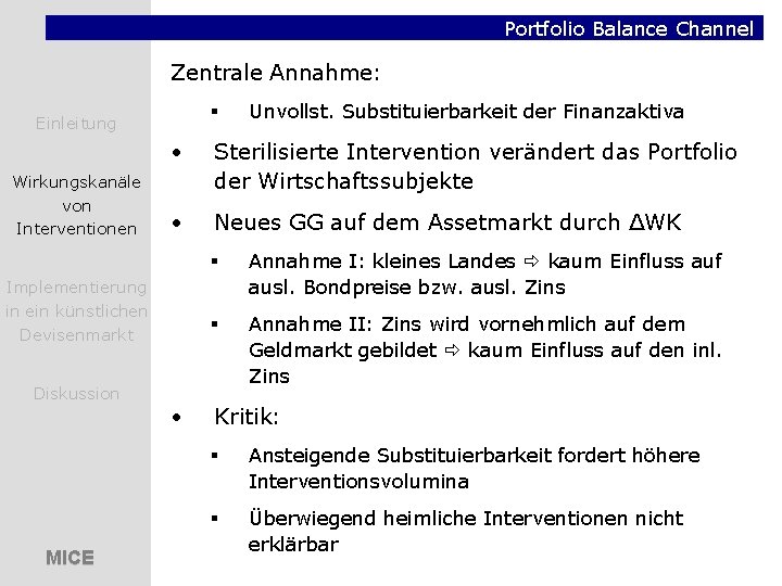 Portfolio Balance Channel Zentrale Annahme: § Einleitung Wirkungskanäle von Interventionen • Sterilisierte Intervention verändert