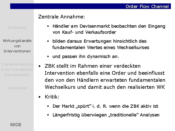 Order Flow Channel Zentrale Annahme: Einleitung Wirkungskanäle von Interventionen § Händler am Devisenmarkt beobachten