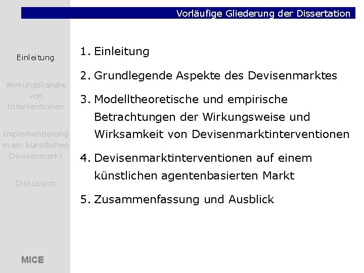 Vorläufige Gliederung der Dissertation Einleitung Wirkungskanäle von Interventionen Implementierung in ein künstlichen Devisenmarkt Diskussion