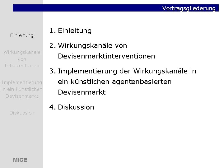 Vortragsgliederung Einleitung Wirkungskanäle von Interventionen Implementierung in ein künstlichen Devisenmarkt Diskussion MICE 1. Einleitung