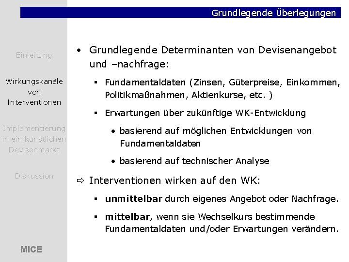 Grundlegende Überlegungen Einleitung Wirkungskanäle von Interventionen • Grundlegende Determinanten von Devisenangebot und –nachfrage: §