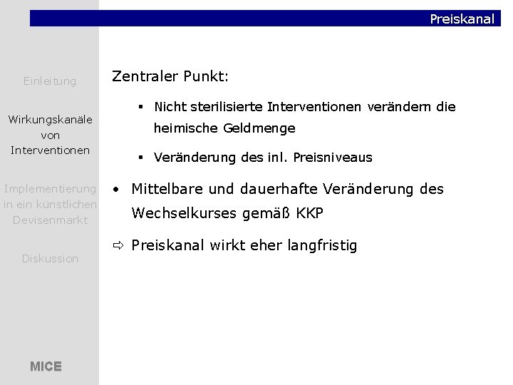 Preiskanal Einleitung Wirkungskanäle von Interventionen Implementierung in ein künstlichen Devisenmarkt Diskussion MICE Zentraler Punkt: