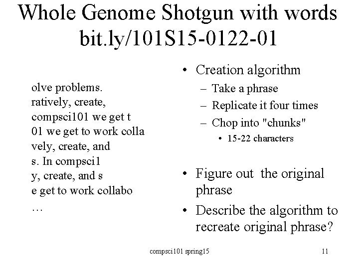 Whole Genome Shotgun with words bit. ly/101 S 15 -0122 -01 • Creation algorithm