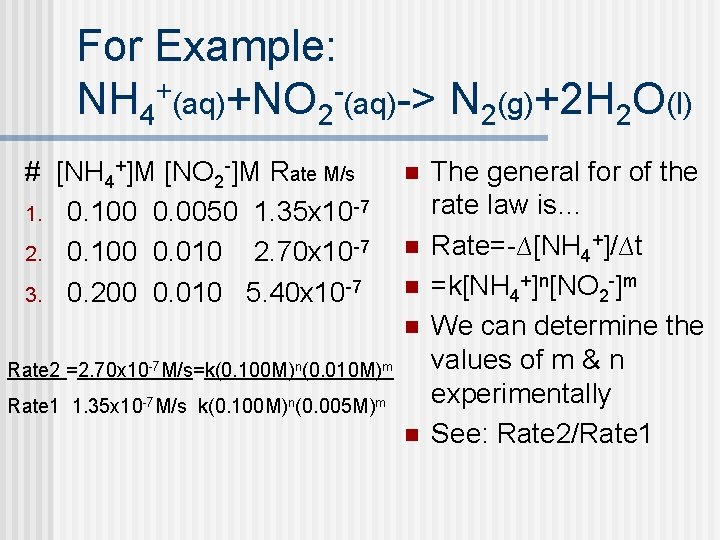 For Example: NH 4+(aq)+NO 2 -(aq)-> N 2(g)+2 H 2 O(l) # [NH 4+]M