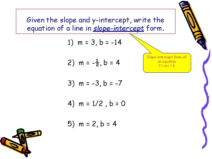Given the slope and y-intercept, write the equation of a line in slope-intercept form.