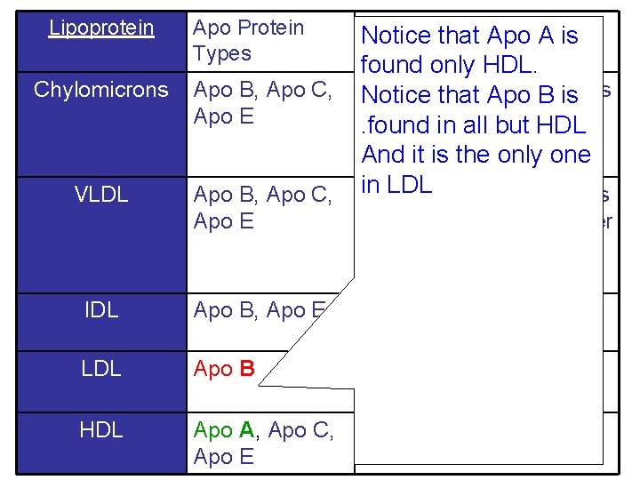 Lipoprotein Apo Protein Types Chylomicrons Apo B, Apo C, Apo E VLDL Apo B,