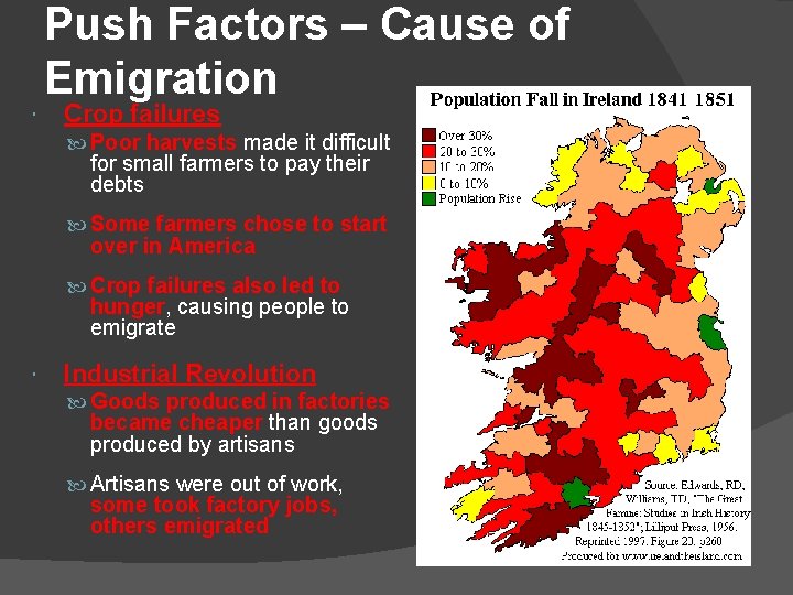 Push Factors – Cause of Emigration Crop failures Poor harvests made it difficult for
