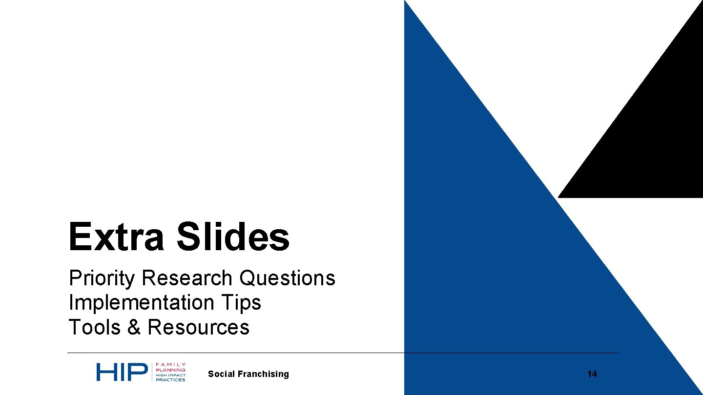 Extra Slides Priority Research Questions Implementation Tips Tools & Resources Social Franchising 14 