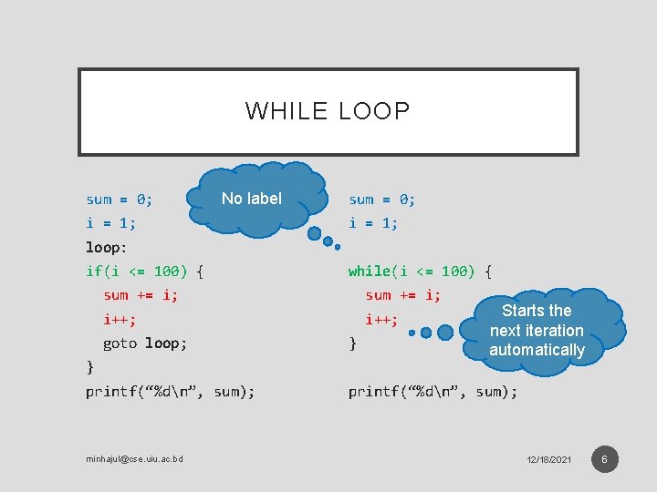 WHILE LOOP sum = 0; No label i = 1; sum = 0; i