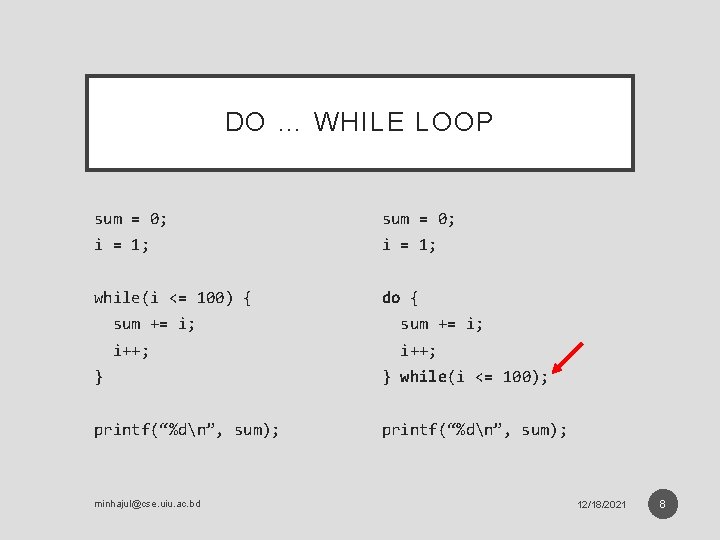 DO … WHILE LOOP sum = 0; i = 1; while(i <= 100) {
