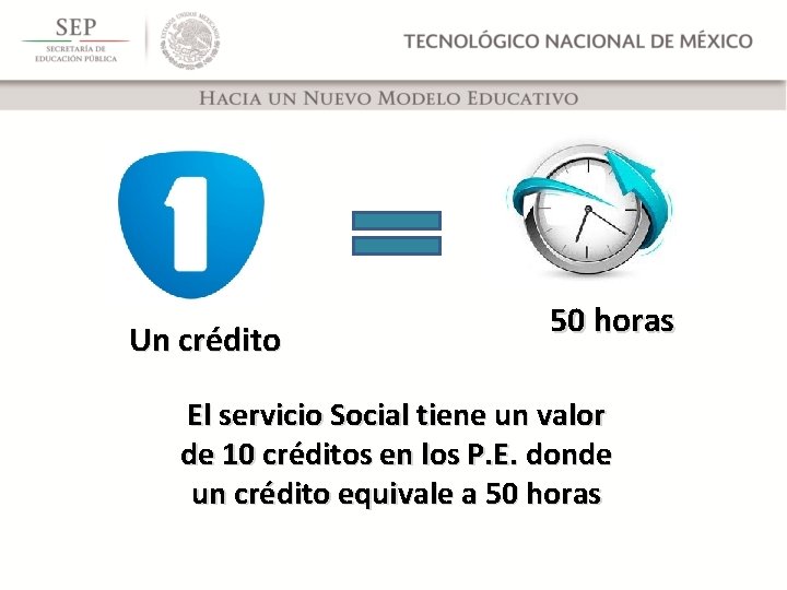 Un crédito 50 horas El servicio Social tiene un valor de 10 créditos en