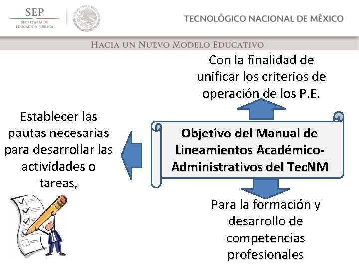 Con la finalidad de unificar los criterios de operación de los P. E. Establecer