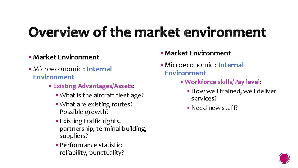 § Market Environment § Microeconomic : Internal Environment § Existing Advantages/Assets: § What is