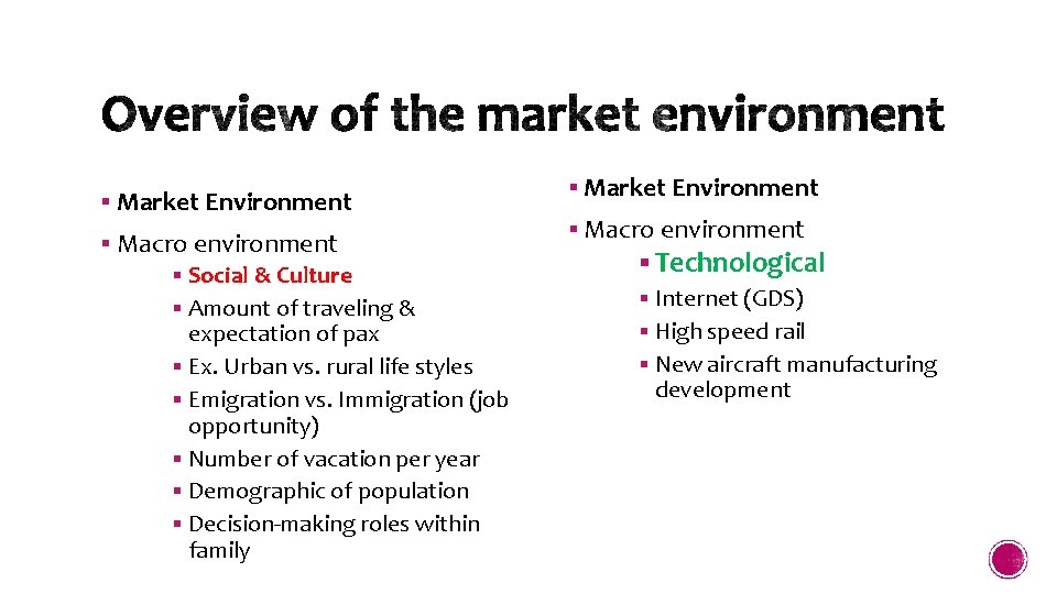 § Market Environment § Macro environment § Social & Culture § Amount of traveling
