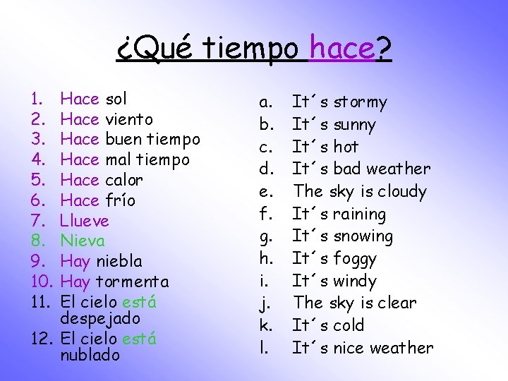 ¿Qué tiempo hace? 1. 2. 3. 4. 5. 6. 7. 8. 9. 10. 11.