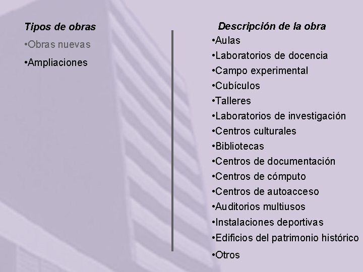 Tipos de obras • Obras nuevas • Ampliaciones Descripción de la obra • Aulas