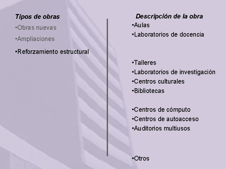 Tipos de obras • Obras nuevas • Ampliaciones Descripción de la obra • Aulas