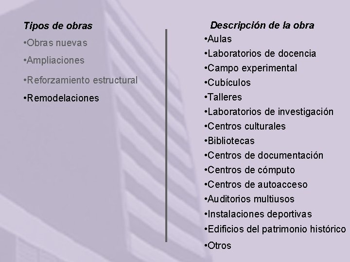 Tipos de obras • Obras nuevas • Ampliaciones • Reforzamiento estructural • Remodelaciones Descripción